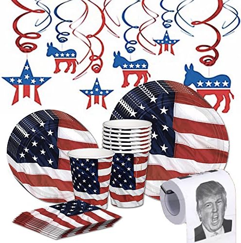 Political Democrat Party Supplies - Dump Donald Trump Toilet Paper | Funny Democratic gag gift ideas for men &amp; women | Red White &amp; Blue American Flag Cocktail Napkins Tablecloth Plates &amp; Cups Serves 8