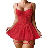 Mixxmix Babydoll Lingerie for Women Lace Up Mesh Chemise Nightgown with Garter Belt