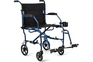 Medline Ultra Lightweight Transport Wheelchair for Adults, Foldable, 19-Inch Seat Width, Blue Frame, Black Upholstery