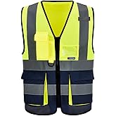 A-SAFETY High Visibility Safety Vest Reflective, 3M Multi Pockets Working Vest Zipper Front Class 2, Yellow&Navy, L