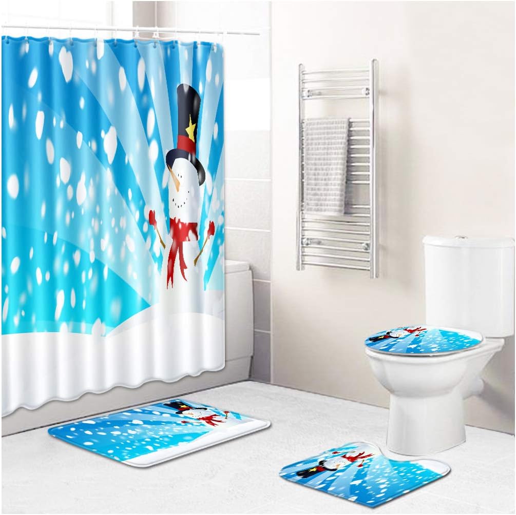 4 Piece Merry Christmas Snowman Shower Curtain Sets with Non Slip Rugs, Toilet Lid