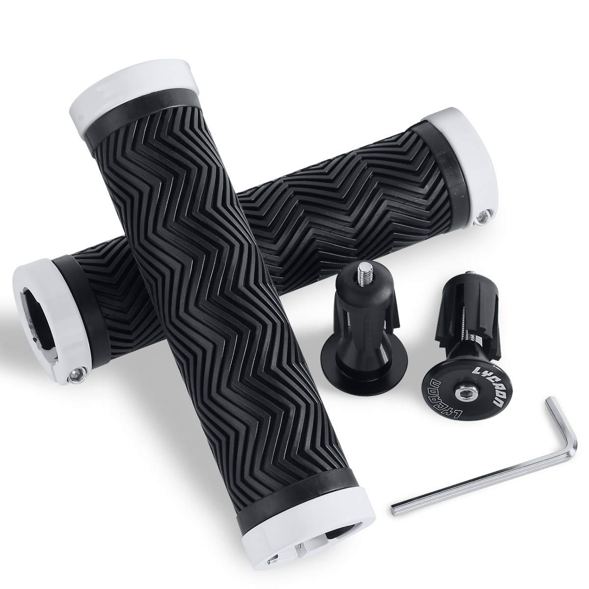 LYCAON TPR Bicycle Bike Grips with 2 Expandable Aluminum End Caps, Bike Bicycle Grips Fits MTB/BMX/Mountain/Downhill/Foldable/Urban Bicycles/Scooter (White Extensible)