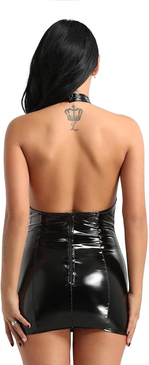 TiaoBug Women's One Piece Faux Leather Halter Bodycon Tassels Clubwear Wet Look Mini Dress: Clothing