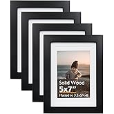KINLINK 5x7 Picture Frame Black, Solid Wood Frames 5x7 with Acrylic Plexiglass for Pictures 4x6 With Mat,Tabletop and Wall Display, 5 x 7 Picture Frame Set of 4