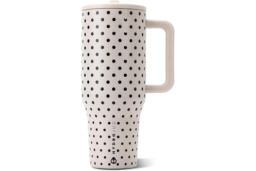 HydroJug Polka Dot Traveler 40oz, Insulated Tumbler, French Vanilla | Triple wall insulated, flip straw lid, leak-resistant, Book