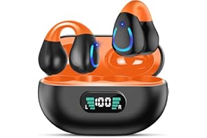 NUPLEA Clip On Earbuds Bluetooth 5.3 Wireless Earbuds Open Ear Bone Conduction Headphones Sport Earphones with LED Digital Display Charging Case Built-in Mic IPX7 Waterproof for Running Fitness Black Orange