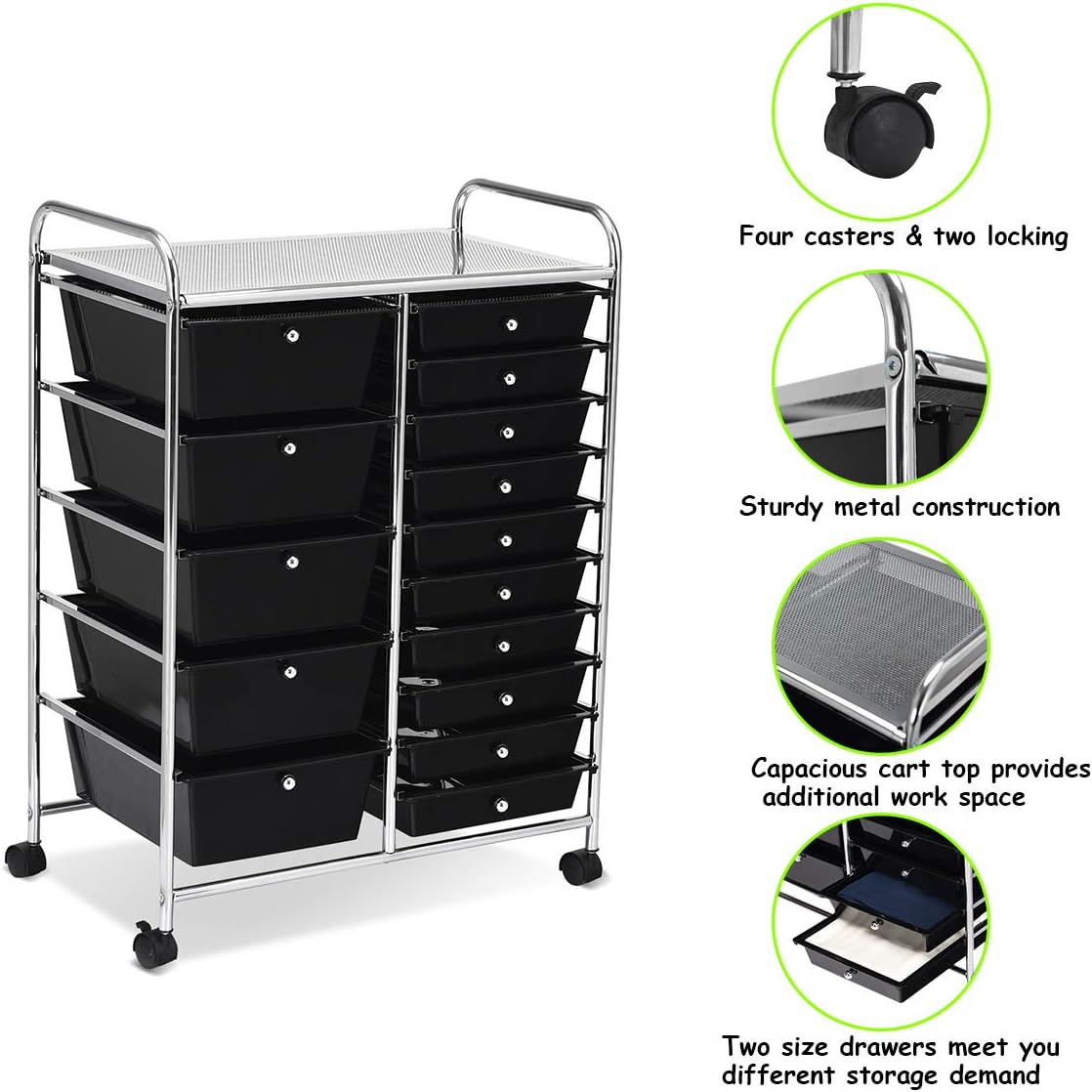 Giantex 15 Drawer Rolling Storage Cart Tools Scrapbook Paper Office School Organizer, Black: Home Improvement