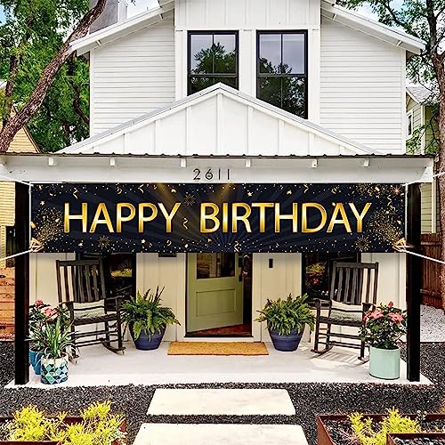 Mokonate Happy Birthday Banner Black Gold Happy Birthday Sign Banner Backdrop Happy Birthday Yard Sign for Kids Men Women Home Outdoor Party Decorations Supplies