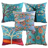 Luxbon Set of 5 Pcs Chic Style Trees Printed Cushion Cover Durable Cotton Linen Throw Pillow Case Home Decor 18"X18"/45x45cm