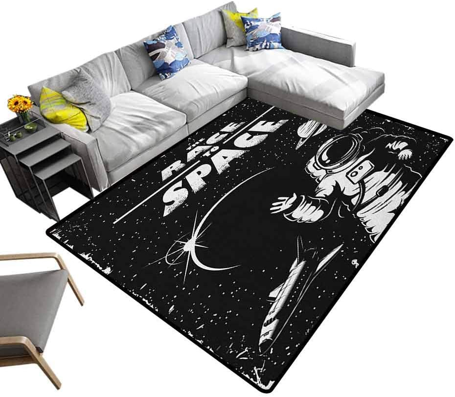 Astronaut Carpet The Race to Space Retro Image with Space Crafts Planets Astronaut vs Cosmonauts Entryway Rug Black White (5'x8')