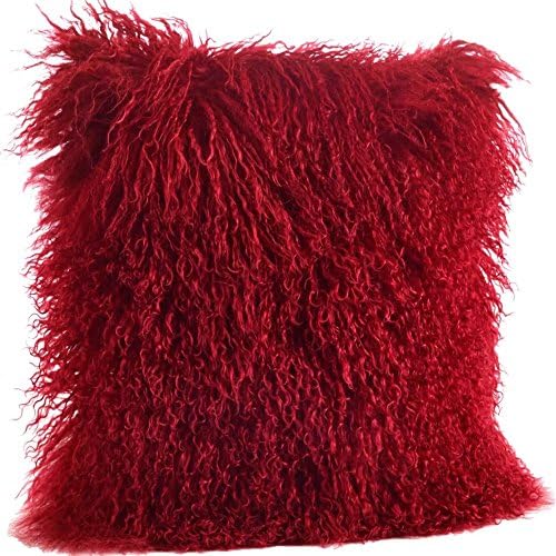 Decorative Throw Pillow, Mongolian Fur Cover Faux Poly Suede Back, Soft Polyester Insert, Square with Zipper + Free Ebook (Red, 20"Lx20"W)