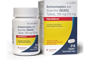 GLENMARK THERAPEUTICS Dual Action Acetaminophen 250mg and Ibuprofen 125mg Caplets, Up to 8h of Pain Relief for Minor Aches and Pain, Headaches, Toothache, Backache, Menstrual Cramps, Minor Arthritis Pain, 216 Count