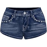 MakeMeChic Women's Summer Y2K Denim Shorts Rhinestone Sparkly Embroidery Gothic Punk Jean Shorts