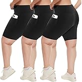 HLTPRO 3 Pack Plus Size Biker Shorts with Pockets for Women (S-4XL)- 8"/5"/3" High Waist Tummy Control Shorts for Yoga