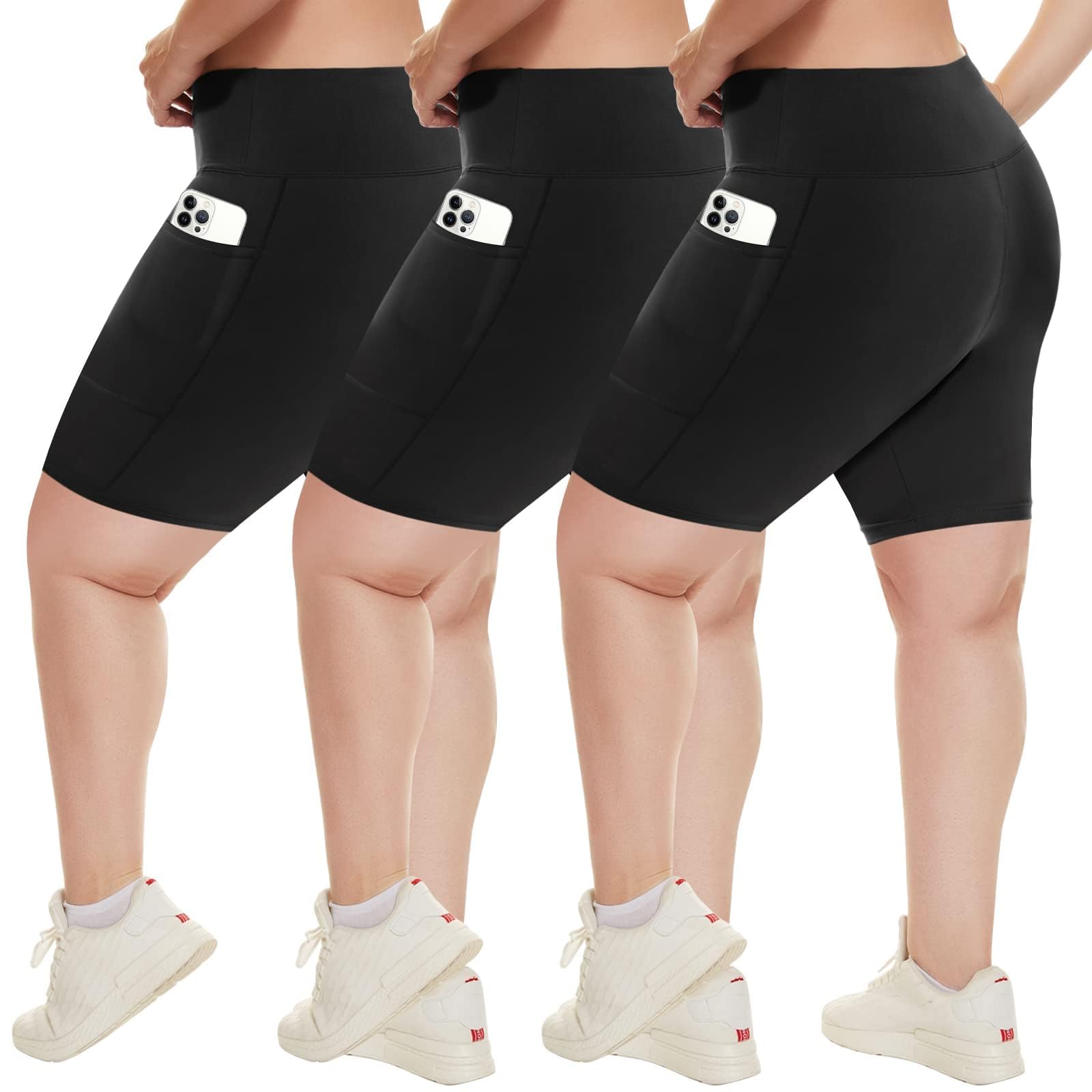 Photo 1 of HLTPRO 3 Pack Plus Size Biker Shorts with Pockets for Women - 8" High Waisted Spandex Athletic Bike Shorts for Yoga Workout