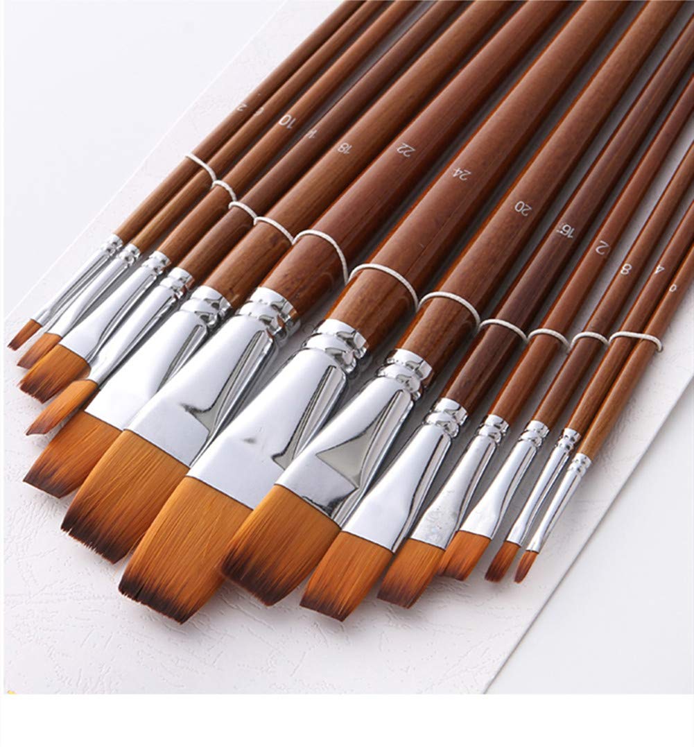 Art Paint Brush Set 13pcs Flat Head Long Handle Nylon Hair for Canvas Watercolor Acrylic Professional Painting Kits Artist Art Project Sets(Flat 13pcs longer handle)