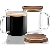 DRASTAR Glass Coffee Cups, 16 oz Coffee Mugs, Flat Bottomed Cups with Acacia Wood Lid, Glass Tea Cup with Handle, Clear Tea Cup Set of 2