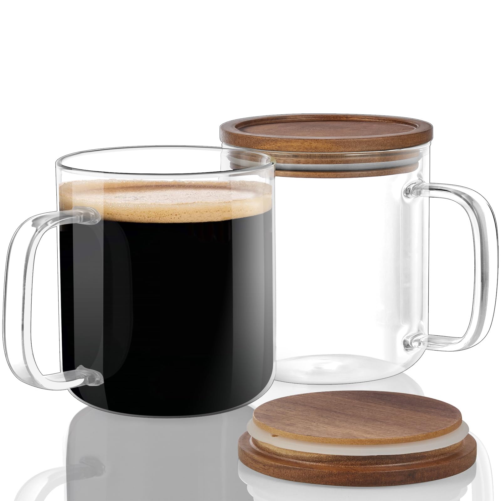 Photo 1 of DRASTAR Glass Coffee Cups, 16 oz Coffee Mugs, Flat Bottomed Cups with Acacia Wood Lid, Glass Tea Cup with Handle, Clear Tea Cup Set of 2
