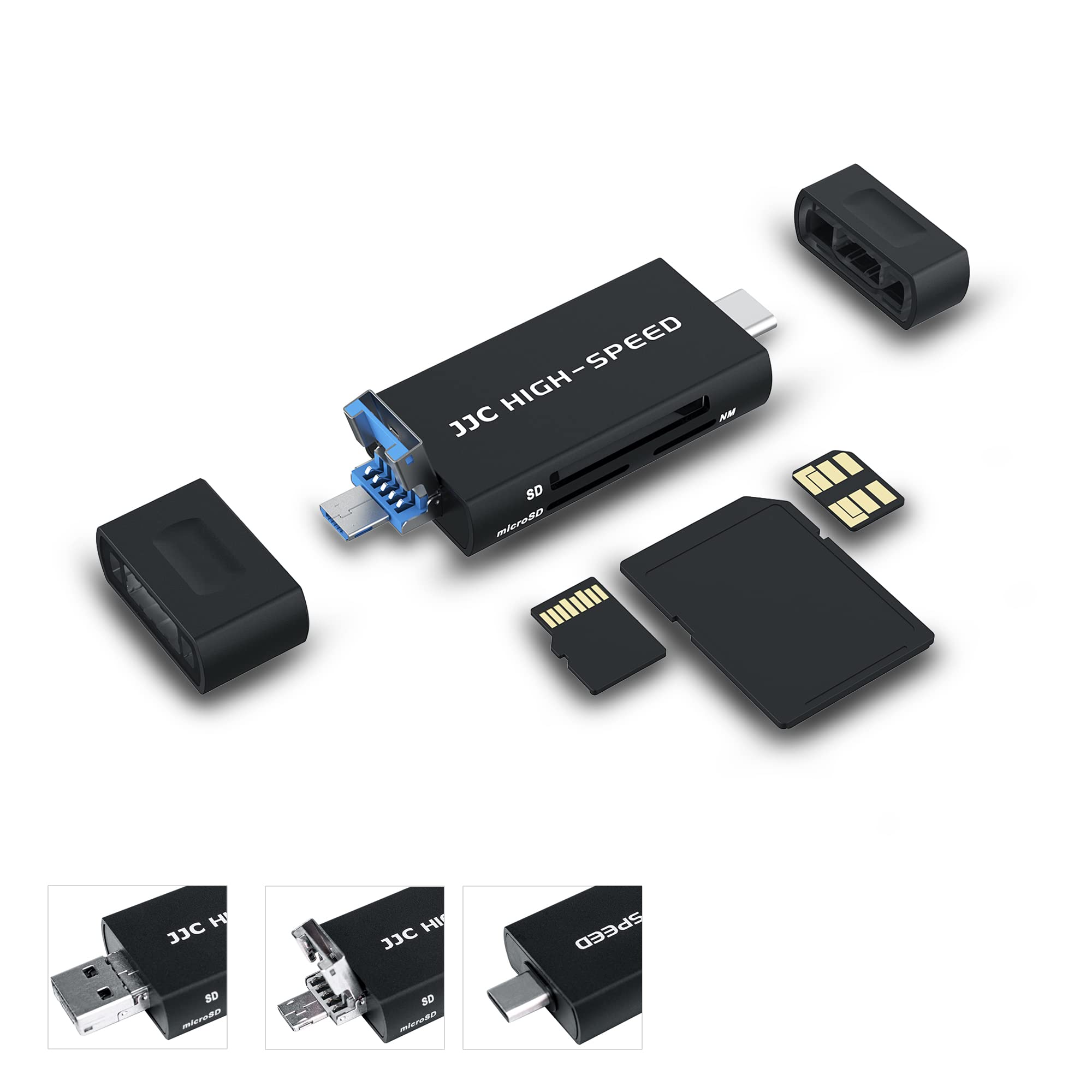 JJC Metal NM SD Card Reader with Tri-Connectors, 3-in-1 USB 3.0 Micro USB 2.0 Type-C 3.0 with 3 Card Slots Easy Card Reader for SD SDHC SDXC Micro SD Micro SDHC Micro SDXC NM Nano Memory Cards (Black)