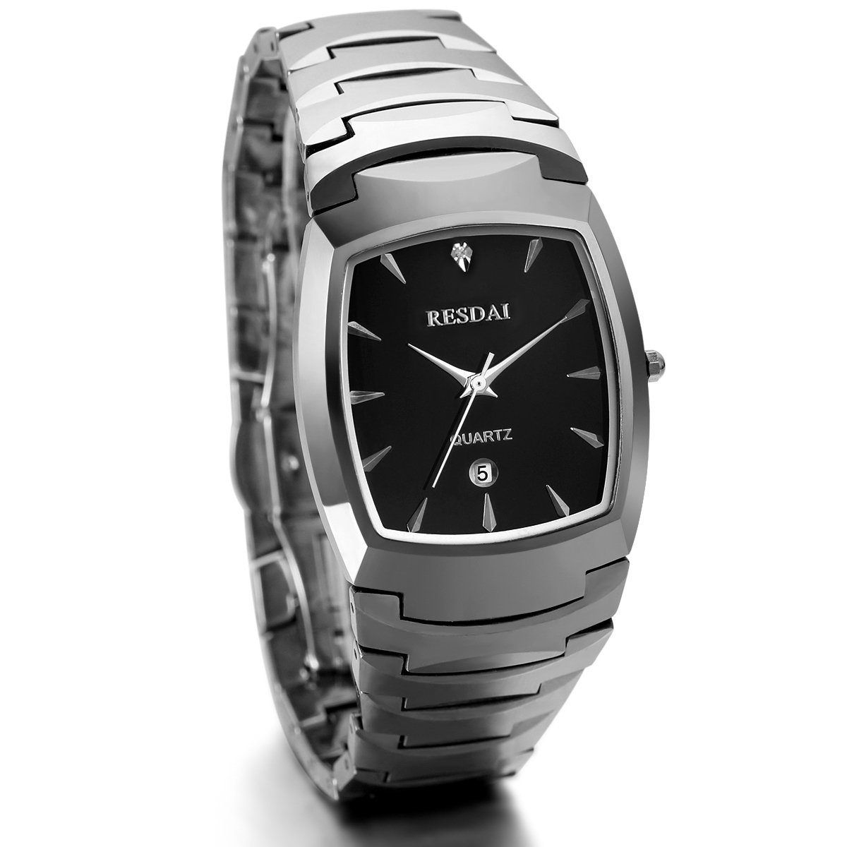 JewelryWe Men's Tungsten Carbide Bracelet Watch Black Dial Quartz Wristwatch with Date Display