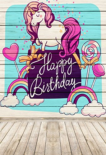 Leyiyi 3x5ft Photography Background Grunge Graffiti Board Cartoon Unicorn Flowers Rainbow Vintage Wooden Floor Happy Birthday Party Backdrop Photo Dessert Table Portrait Vinyl Studio Video Prop