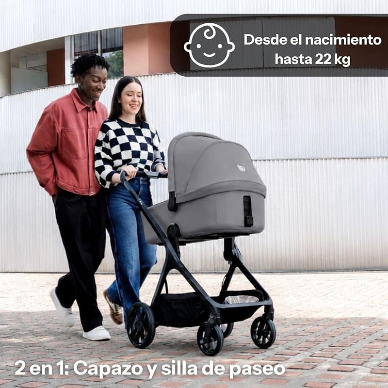 Kombo, Cochecito Bebé 2 Piezas con Capazo Rígido Elevable y Silla de Paseo Reversible, Plegado con una Mano, Desde el Nacimiento hasta 22 kg, Gris