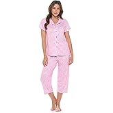 Casual Nights Women's Super Soft Capri Pajamas Set, Short Sleeve Button Down Shirt with Pants PJ Set with Pockets