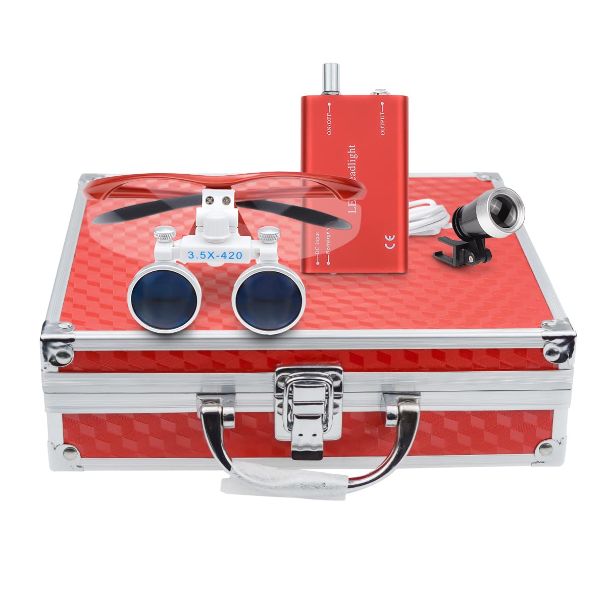 Hot Dental 3.5 x 420mm Working Distance Surgical Binocular Loupes Optical Glass with LED Head Light Lamp and Aluminum Box (red)