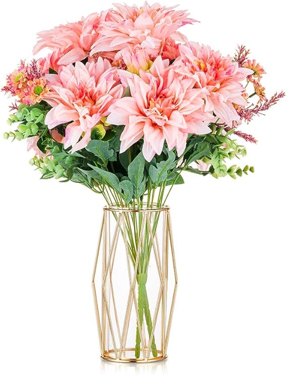 Glass Flower Vase with Geometric Metal Rack Stand, Crystal Clear