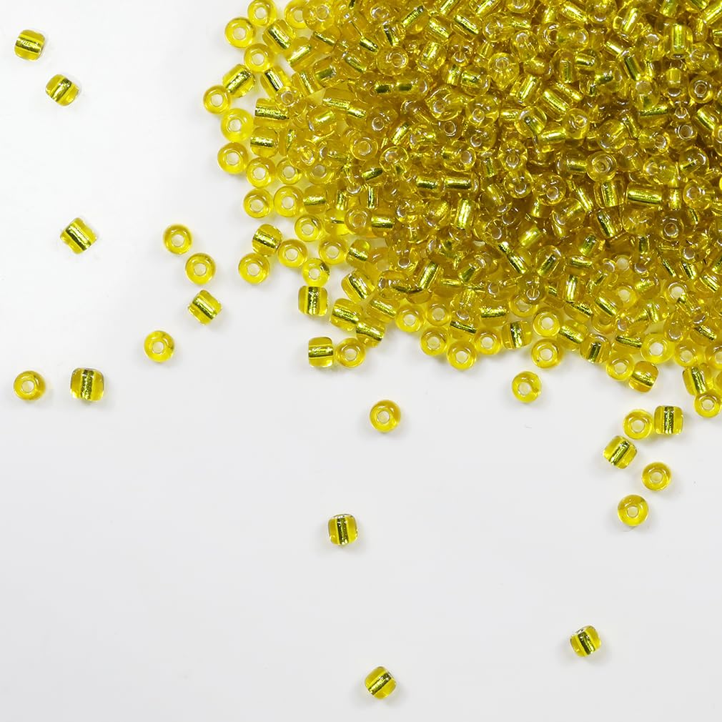 Tibaoffy Transparent Yellow with Silver Lined Beads Size 6/0 Crafts Glass Seed Beads 4mm for Jewelry Making (Total About 100g About 1200pcs)