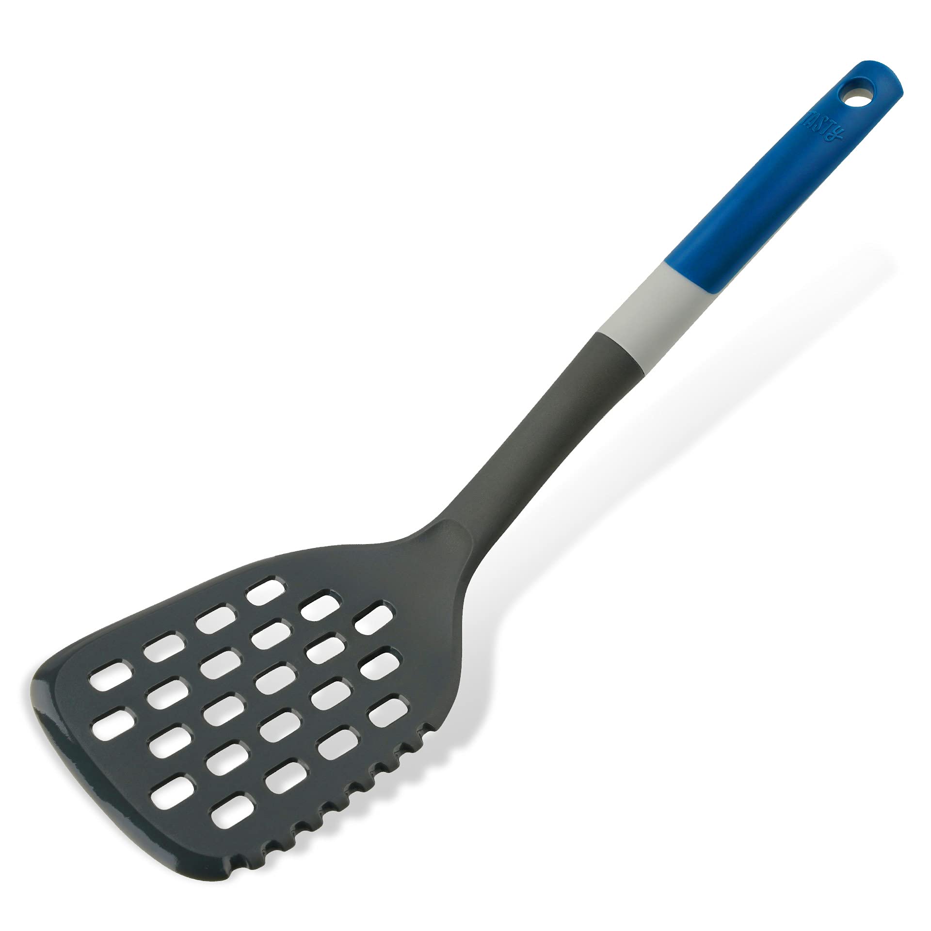 Tasty Cooking Turner with Cutting Edge, Heat-Resistant Slotted Turner with Soft Grip, Non-Stick Kitchen Turner, Non-Scratch Cookware, Kitchen Utensil, Dimensions: 34x9.5cm, Colour: Dark Blue, Grey
