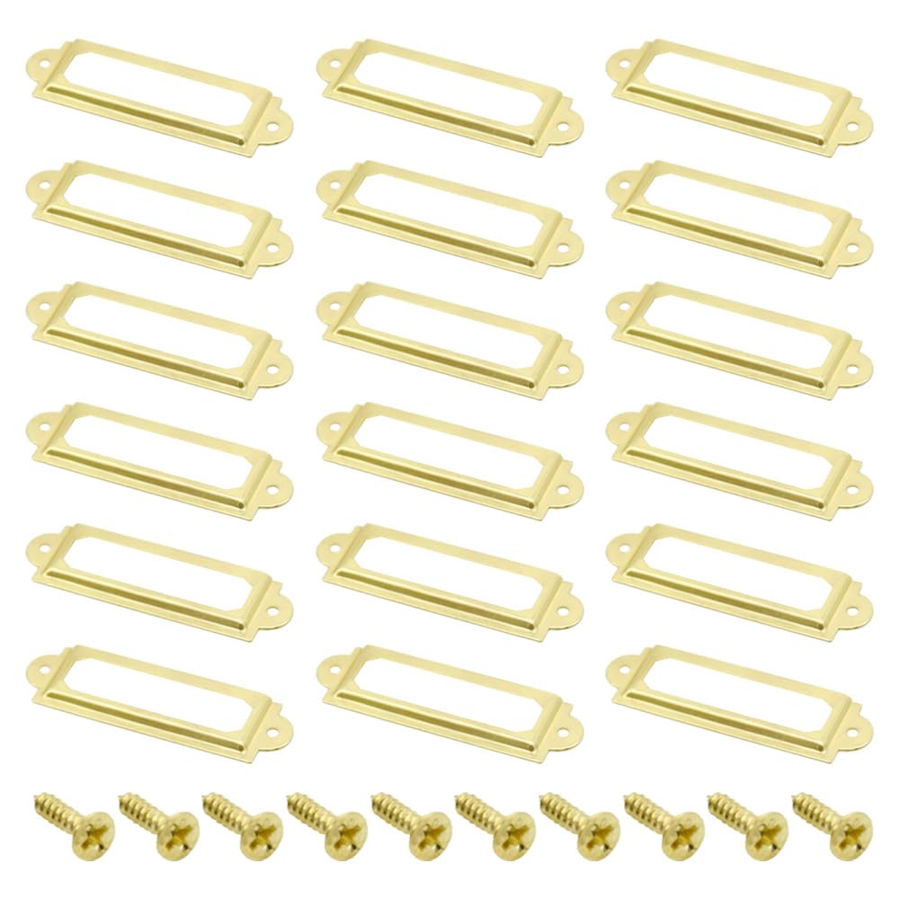 Yosawo 50Pcs Label Holder Metal Card Tag Holder Furniture Drawer Cabinet Tag Frame with Screws for Cabinets, Boxes, Shelf, Drawer, Wine Cellar and House Decoration(60 * 17mm/Gold)