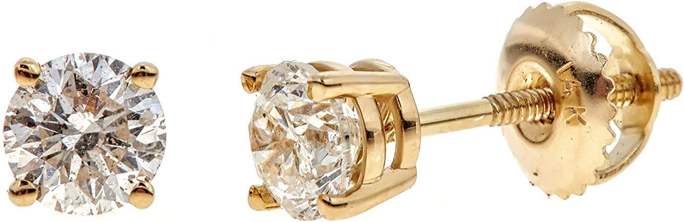 AGS Certified Natural Diamond Earrings For Women in 14K Gold with Screw Back and Post Studs (I1-I2 Clarity), Choice of Carat Weights