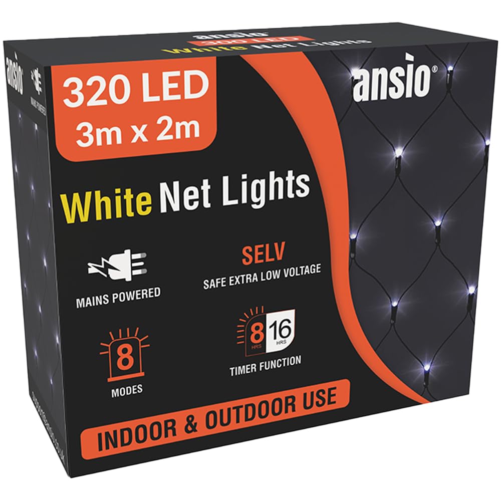 ANSIO® Christmas Net Lights Outdoor, 320 LED 3x2m Cool White Fairy Lights with Timer, Mains Powered Mesh Lights for Indoor Outdoor Xmas Trees, Windows, Garden Party Decorations [Energy Class G]