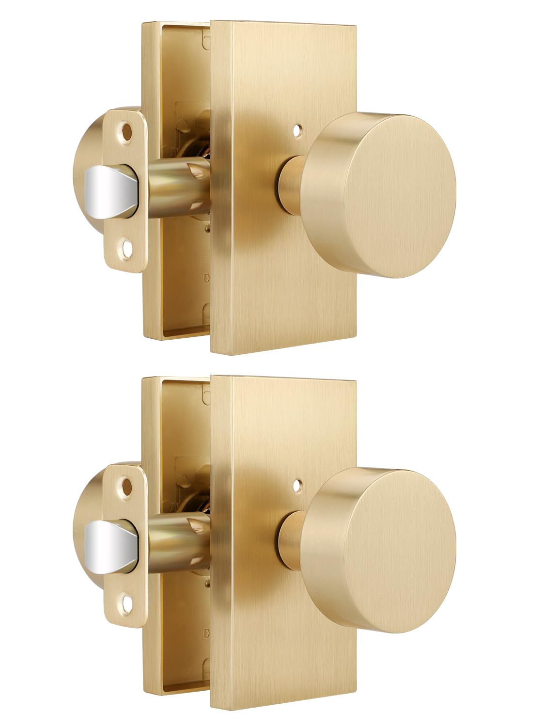 Photo 1 of Gold Door Knob 2 Pack, Interior Door Knob for Bedroom, Privacy Door Knobs with Lock, Keyless Bathroom Door Handle, Satin Brass Finish, Universal for Left/Right Opened Doors, Unique Rectangular Base