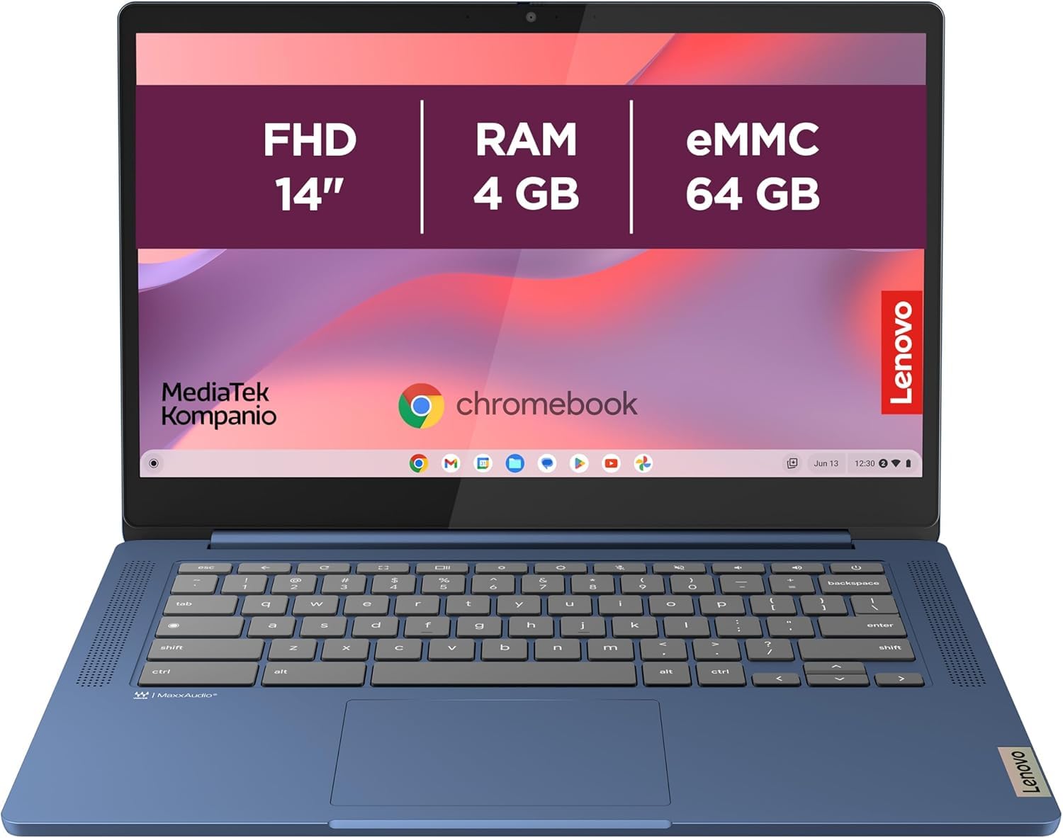 Lenovo IdeaPad Slim 3 Chrome 14M868 - Laptop 14 pollici FHD (MediaTek Kompanio 520, 4GB RAM, 64GB SSD, Arm Mali-G52 2EE MC2 GPU, Chrome OS) versione francese AZERTY Keyboard - Blu