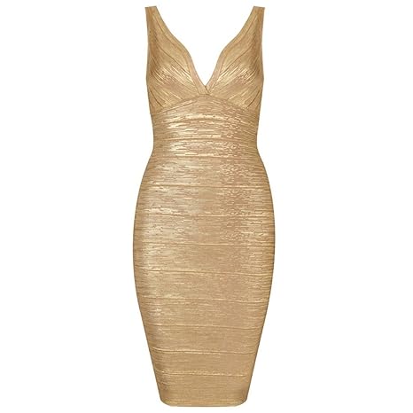 Whoinshop Damen Kunstseide V Ausschnitt Bandage Bodycon Kleider Figurbetontes Festliche Partykleider Golden L