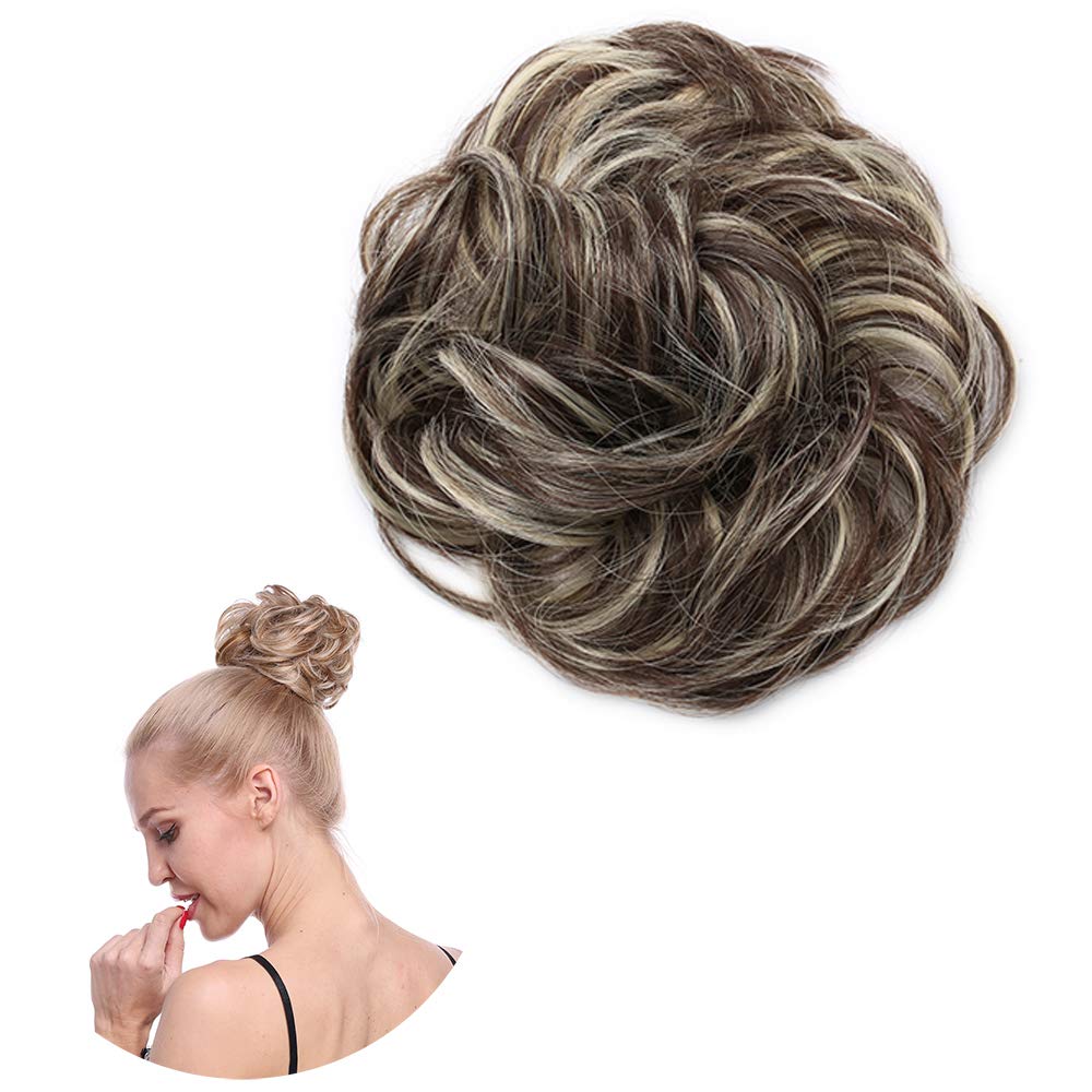 Thick Donut Scrunchie Hair Bun Updo Hairpiece - Wavy Curly Messy Ribbon Chignons Ponytail Extension [Dark Brown & Bleach Blonde]