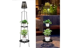 giole 47'' Solar Outdoor Floor Lamp with Plant Stand, Metal Hollow Tree Pattern Floor Lamp Waterproof Solar Lantern Decor for Patio Porch, Yard, Pathway