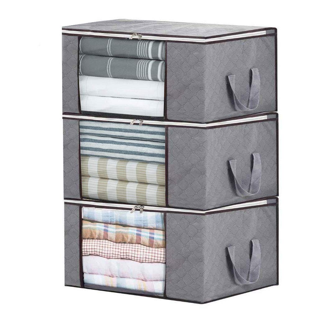 LATTCURE Clothes Storage Bags with Zips, Duvet Storage Bag, Thick Breathable Fabric Underbed Storage Bags with Clear Windows for Quilt, Bedding, 3 PCS, 84L (Grey)