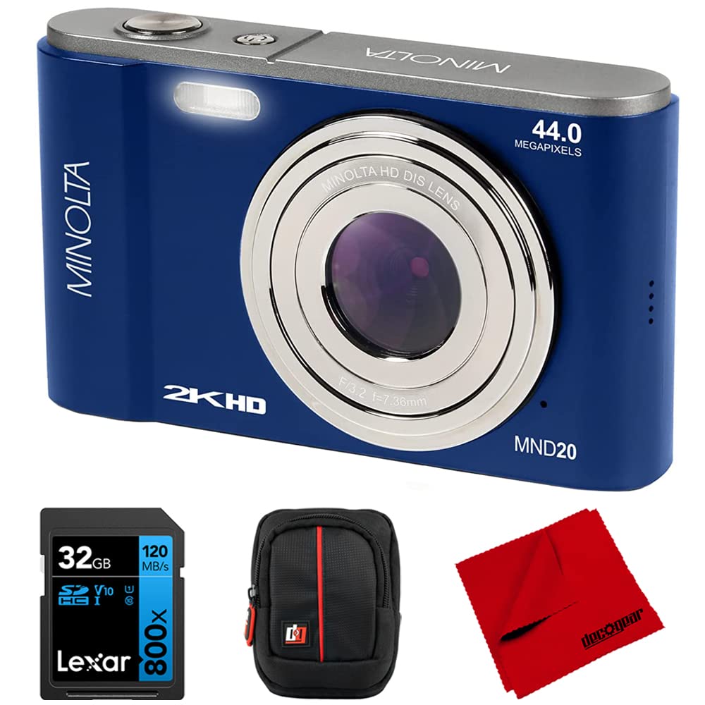 Photo 1 of Minolta MND20-BL 44 MP 2.7K Ultra HD Digital Camera, Blue Bundle with Lexar 32GB UHS-I SDHC Memory Card, Deco Photo Point and Shoot Camera Case and Deco Photo Microfiber Cleaning Cloth