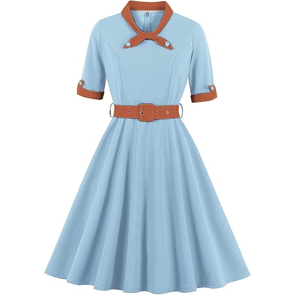 IWEMEK Women 1/2 Sleeve Sailor Tie Neck 1940s Vintage Dress
