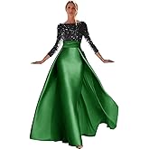 Sequin Satin Prom Dress Long Sleeve Ball Gowns Boat Neck Mermaid Formal Evening Gown for Women with Skirt