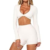 INFITTY Womens Long Sleeve Crop Workout Tops Double Lined Twist Deep V Neck T Shirts Yoga Athletic Top Tee