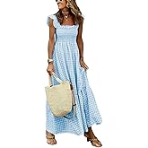 ebossy Women's Fashion Plaid Dress Sleeveless Smocked Ruffle Pleated Boho Party Beach Gingham Maxi Dresses