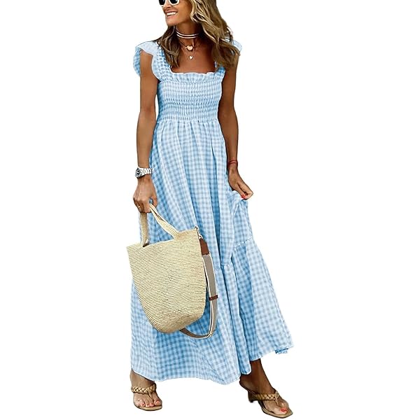 chouyatou Women's Retro Plaid Smocked Dress Spaghetti Strap