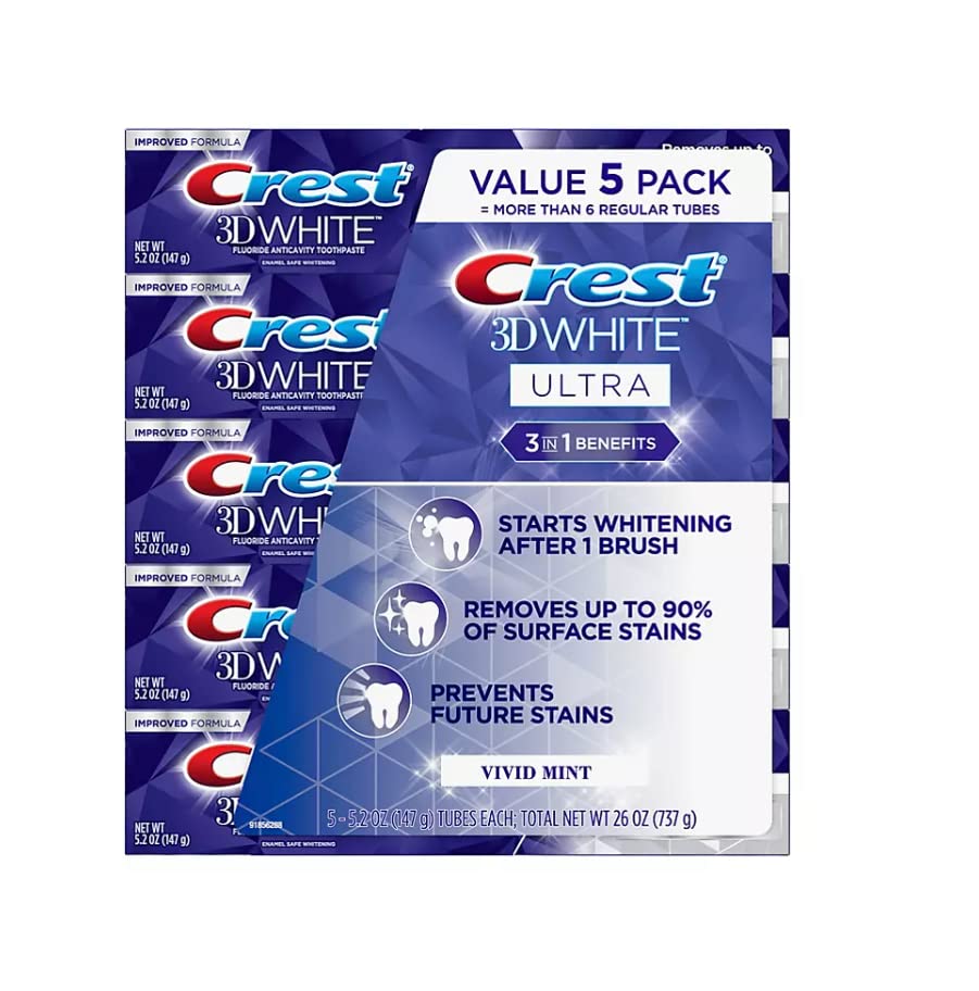 Crest 3D White Ultra Whitening Toothpaste, Vivid Mint (5.2 oz, 5-Pack)