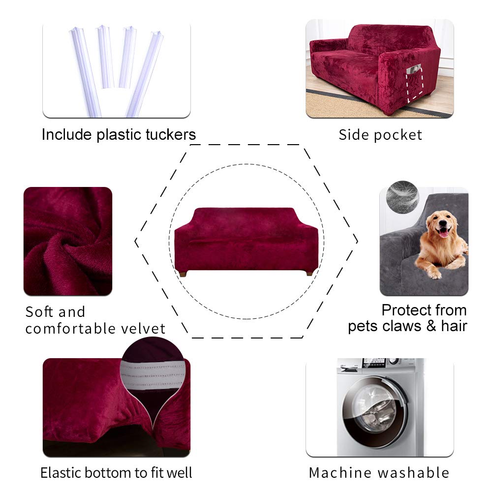 ACOMOPACK Velvet Sofa Cover Stretch Couch Cover for 2 Cushion Couch Cover Sofa Slipcover with Plastic Tuckers and Side Pocket for Living Room Furniture Protector for Dogs(Loveseat, Wine red)