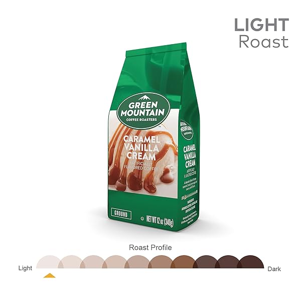 GREEN MOUNTAIN COFFEE ROASTERS, CARAMEL VANILLA CREAM, GROUND FLAVORED COFFEE, LIGHT ROAST, BAGGED 12OZ.