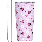 JASROTAO Ladybug Daisy Tumbler,Ladybug 20oz Stainless Steel Insulated Travel Tumblers,Travel Coffee Mug with Lid and Straw Water Bottle Drink Tumbler Cups Gifts for Women Men Lovers